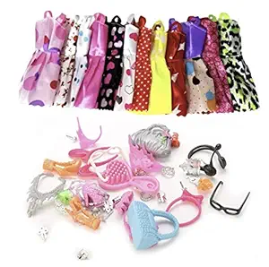 iDream Cloth and Lace Doll Dress & Doll Accessories Combo Pack for Any Doll, Multicolor, 10pcs