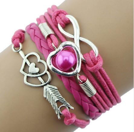 Love and Friendship Leather Bracelet for Women - Girls - Female Friends / Pearl Heart Infinity Gift Pink