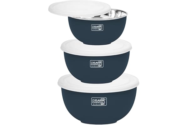 CLASSIC ESSENTIALS Stainless Steel Microwave Safe Mixing Bowls Set with Lid Food Serving and Storage Containers Scratch Resistant Set of 3 (500 ml, 750 ml & 1250 ml) Blue