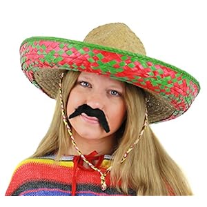 Señoras sombrero mexicano verde + negro Sombrero de accesorios de disfraz de bigote Tash vacaciones paja para despedida de soltera