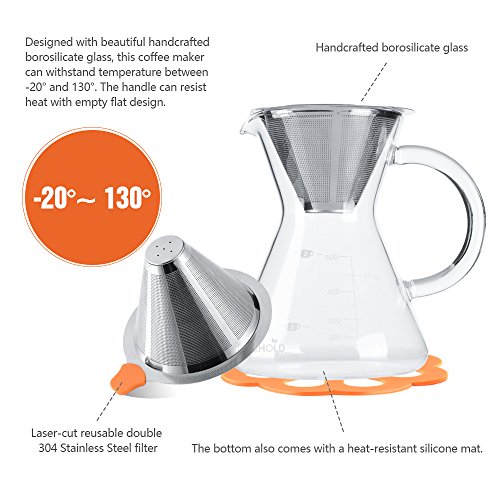 Easehold Kaffeezubereiter “Pour Over” mit Dauerfilter aus Edelstahl und Karaffe. Dripper zum Aufbrühen des Kaffees (500ml) - 4