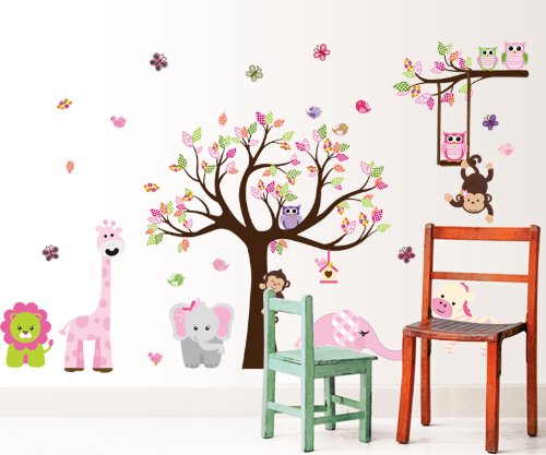 Nette Zoo Animal Wandaufkleber mit Affe Spielen auf Baum-Zweig mit Zebra, Löwe, Elefant Giraffe und Owl Nursery Wandtattoo - 3