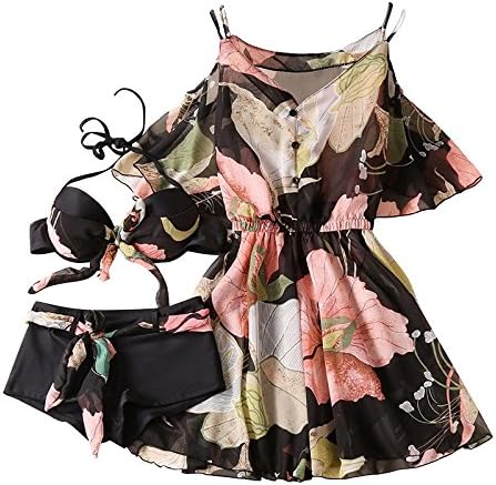 LLZBJN Bikini/Swimming/Beach/Swimwear Large Size Women'S Words Fat Mm/Three-Piece/Hang Bandwidth Pine Spa Print Dress Yarn, L, Black
