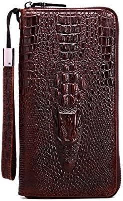 Men's Fashion Casual Business Vintage Genuine Cowhide Leather Crocodile Pattern Long Zipper Wallet Purse Alligator Tiger Dragon Head Embossing A