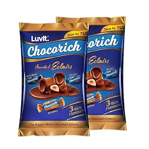 LuvIt Chocorich Assorted Eclairs | Birthday Party Pack | Hazelnut,Dark Choco & Chocolate | 60 Units Per Pouch | Pack of 2 - 480g Each