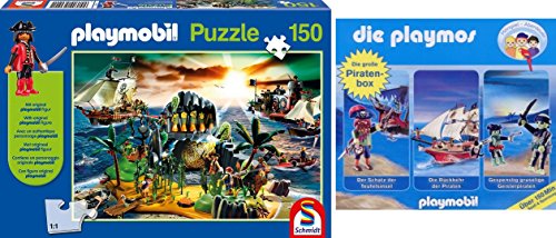 Preisvergleich Produktbild Playmobil / Playmos - Pirateninsel-Puzzle (150 Teile) + 3 Piratenhörspiele + Playmobilfigur im Set - Deutsche Originalware [3 CDs]