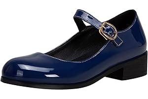 Lizoleor Femmes Bride Cheville Mary Jane Bout Rond Classique Cuir Verni Block Talons Moyen Escarpins