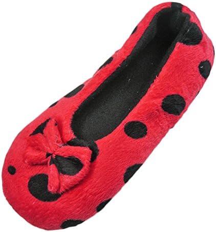 LADIES WARM SPOTTY VELOUR HOUSE SLIPPERS WITH FLEECE LINING-RED