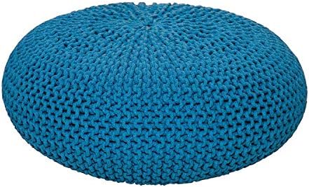HOMESCAPES Teal Blue Knitted Pouffe Footstool Occasional Seat Bean Filled 100% Cotton for Living Room Children or the Elderly