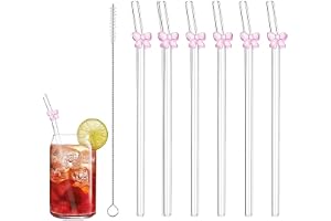 Vaniika Långa sugrör i glas med rosett, 6 st återanvändbara sugrör av borosilikatglas med rosett, sugrör med sugrör, perfekt