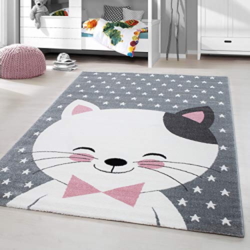 Preisvergleich Produktbild HomebyHome Kinderteppich Kurzflor Kaetze Design Babyteppich Kinderzimmer Babyzimmer Grau Pink Meliert, Größe:120 cm Rund