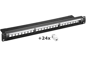 ‎GOOBAY Goobay 95336 Keystone Patch Panel 24 Port / 19 Zoll Gehäuse mit 24x CAT 6 RJ45 Keystone Modulen / 1 HE / Verteilerfeld Patchfeld / Snap-In / Schwarz