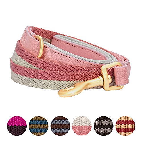 Blueberry Pet Agrafe classique sangles à rayures en cuir véritable et en polyester Laisse pour chien en Rose et Gris avec poignée douce et confortable, 120 cm x 2,5 cm