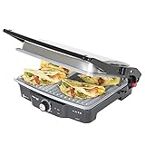 Panini Grill, parrilla eléctrica, plancha y sandwichera con revestimiento de piedra RockStone. 2000W y superficie de 29,7 x 23,5 cm, apertura 180º. Rock'nGrill 2000 de Cecotec