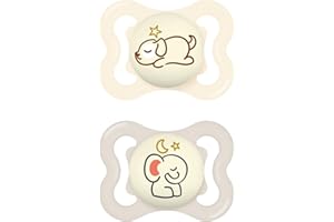 MAM Supreme Night Schnuller im 2er-Set, leuchtender Babyschnuller für eine gesunde Zahn- und Kieferentwicklung, beugt Hautreizungen vor, mit Schnullerbox, 0-6 Monate, Hund/Elefant