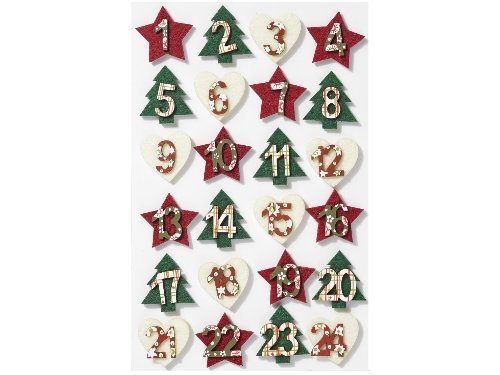 Mini-Holzzahlen-Set 1-24 sort. ca. 30 mm, Filz, rot-grün-creme, Advent, Adventskalender