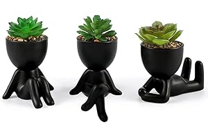 Laelfe 3 Pcs Plantes Succulentes Artificielles en Pot Céramique en Forme de Humain Noir, Mini Plantes Artificielles avec Pots, Fausse Plantes Succulentes Décoration pour Bureau Balcon Maison
