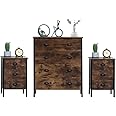 HOME MODERN Retro Industrial Style Bedroom Furniture 3 Pieces Sets (Chest of 4 Drawers and 3 Drawers Bedside Tables x2) Storage Unit Cabinets Cupboard for Bedroom