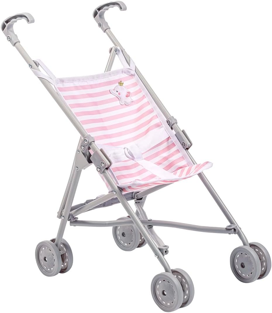 Jc Toys- Silla de paseo plegable modo paraguas, para muñecas de hasta 45 cm, ideal para jugar y pasear, blanco y azul a rayas, decoración elefante, diseñado por Berenguer, +2 años
