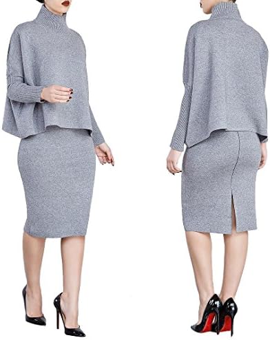 VERTTOP Women Midi Winter Dress Solid Color Two Piece Sets Turtle Neck Long Sleeve Loose Shirt Sweatsuit Pullover Blouse Gray L
