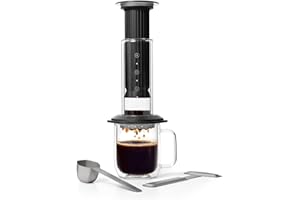 AeroPress Premium Coffee Press, macchina per caffè in vetro, acciaio inox e alluminio, French Press all-in-one e macchina manuale espresso/pour-over, infusione 2 min per meno amarezza, Nero