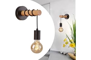 Mengjay Trade Lampada da parete,E27 lampada da parete dal design industriale,Applique in legno,Applique Industriale Retrò Ideale per Interni, Soggiorno, Corridoio, Camera da Letto,Nero