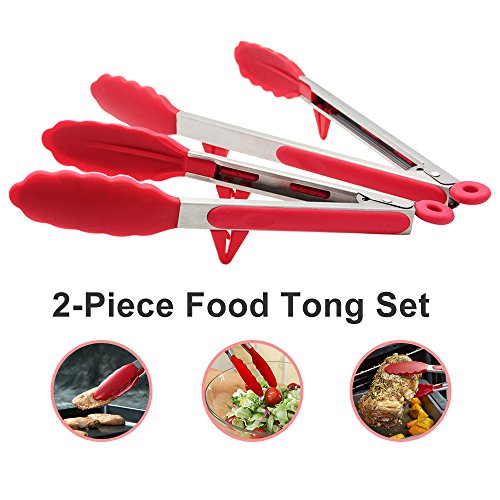 Zilong Küchenzangen/Silikon Grillzangen 9 Zoll + 12 Zoll Antirutsch und Edelstahl Zangen/Silikon Zangen/Küchenhelfer/Küchenzubehör perfekt für Kochen,Grill,Salat,Buffet,usw. Rot,2 Stk. - 3