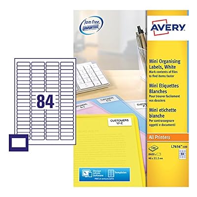Avery 8400 Mini Etiquettes Autocollantes (84 par feuille) - 46x11,1mm - Impression Laser - Blanc (L7656)