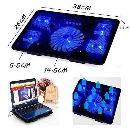 Notebook Laptop Kühler, FTUNG Laptop Kühler, Notebook Cooler Ständer Kühlpad Kühlmatte mit 5 x Lüfter und 2 USB, Cooling Pad mit blauen LEDs für 9 „-17“ Notebook - 2