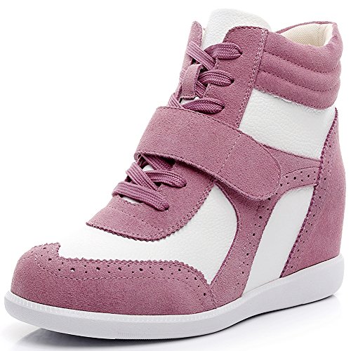 Rismart Women's Wedge Heel Hook&amp;Loop Brogue High Top Comfortable Stylish Trainers Shoes SN8599(Pink&amp;White,uk5.5)
