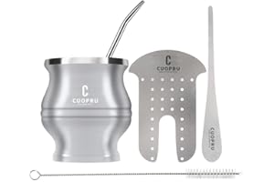 Cuopru Juego de taza y bombilla Yerba Mate: incluye taza mate moderna, juego moldeador de yerba mate, bombilla mate (pajitas) y cepillo de limpieza (acero inoxidable, 180 ml)