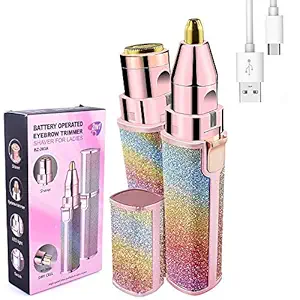 Facial Hair Removal for Women, Electric Eyebrow Trimmer Mini Epilator 2 in 1 Painless Razor for Face Lips Nose Armpit Chin, USB Rechargeable&Built-in LED Lights, Multicolour