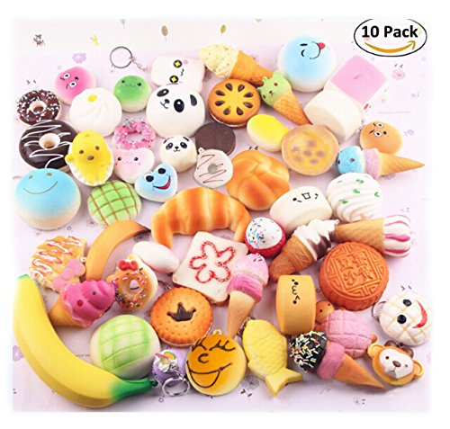 VWH Random 10 Stück Squishy Creme Duftend Langsam Steigende Kawaii Simulation Brot Kinder Spielzeug Jumbo Medium Mini Soft Squishy Kuchen, Panda, Brot, Brötchen Telefon Straps (10P Donuts)