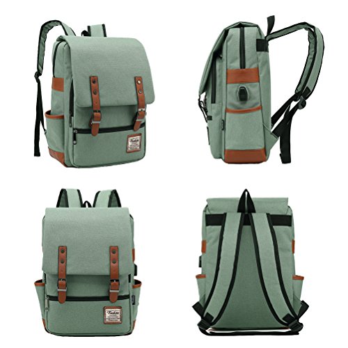 Professional Laptop Backpack with USB Charging Port, Feskin Fashion Travel Bag Vintage Business Work Computer Rucksack College School Casual Daypack for Women Men Girls - Green