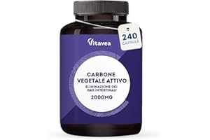 VITAVEA CARBONE VEGETALE ATTIVO - Detox Naturale - 240 Capsule Vegetali - Pancia Gonfia - 2000 mg per Assunzione - Contro Flatulenza e Meteorismo - Derivato da Noce di Cocco - Naturale e Vegano