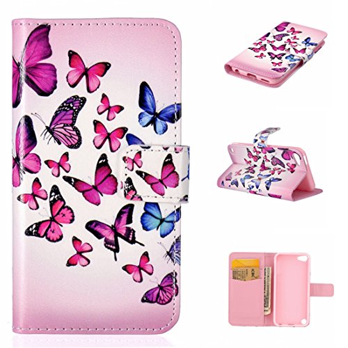 Preisvergleich Produktbild Nancen Apple iPod Touch 5 / Touch 6 (4 Zoll) Handyhülle, Bunt Nette Muster Flip Etui Case Cover Lederhülle PU leder Folio Bookstyle Schutzhülle mit Standfunktion, Brieftasche und Karte Tasche [Rosa Schmetterling]
