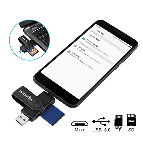 OTG Kartenleser Adapter, Rocketek USB 3.0 Speicherkartenleser mit 2 Steckplätzen SD / TF Kartenleser - Stützleser 2 verschiedene Speicherkarten gleichzeitig