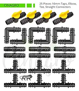 CINAGRO - 16mm Drip Irrigation Pipe Fittings, Accessories, Elbows, Tee, Straight Connectors, Taps (25 Pieces Each, Total 100pieces)