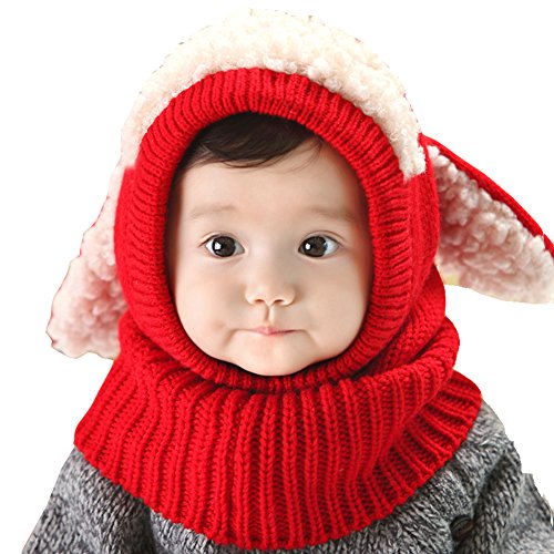 Cute Winter Baby Kids Girls Boys Warm Knit Woolen Coif Hood Collar Scarf Caps Hats (Red)
