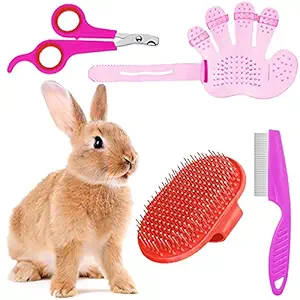 4 Pieces Rabbit Grooming Kit with Rabbit Grooming Brush, Pet Hair Remover, Pet Nail Clipper, Pet Comb, Pet Shampoo Bath Brush with Adjustable Ring Handle for Rabbit, Hamster, Bunny (Pink, Red)