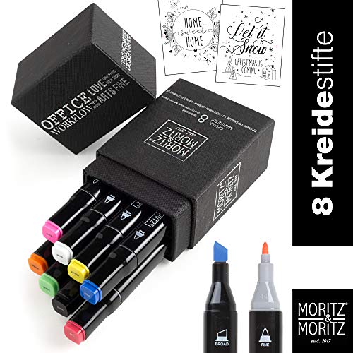 Moritz & Moritz Kreidestifte für Fenster - Kreidefarbe mit Rundspitze und Keilspitze - Chalk Markers Twin Marker in 8 Farben abwischbar - inklusive 2 Malvorlagen als Download