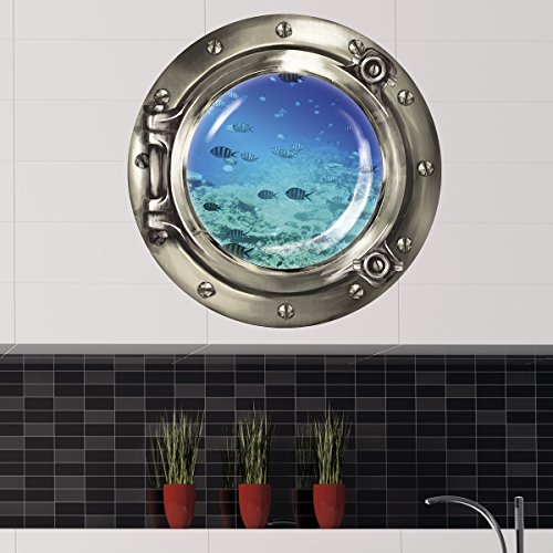 Wandkings Wandsticker Bullauge „Unterwasserwelt – Fischschwarm im Meer“ – 40 x 40 cm SILBER - 3