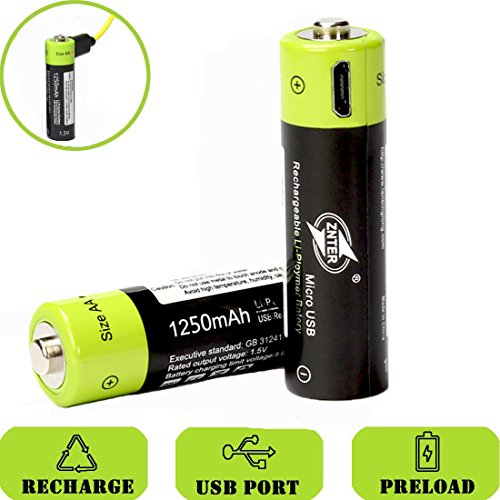 SOEKAVIA 1250 mAh 1,5 V AA Batterie Batterie polymère Lithium Rechargeable intégrée - Micro USB (Noir + Vert) 2pcs