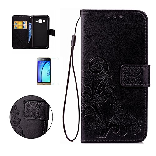 CaseHome-Samsung-Galaxy-J3-20162015-Embossed-Leather-Case-With-Free-Screen-ProtectorFour-Leaf-Clover-Patterned-Design-Folio-Magnetic-Flip-Stand-Feature-with-CardCash-Slots-and-Wrist-Strap-Premium-PU-L