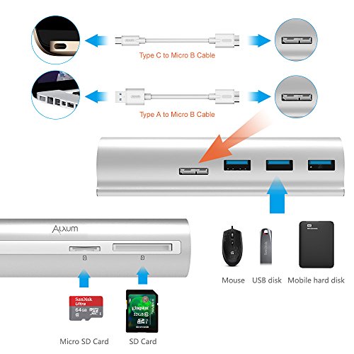 alxum Aluminium USB 3.1 Gen. 1 Typ C/USB C bis USB 3.0 3-Port-Daten Hub mit SD, Micro SD, TF Kartenleser für neue MacBook, Chromebook Pixel, HP Pavilion X2, Asus Zen AIO und PC - 3