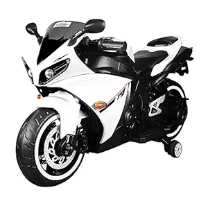 LittleFlyer Sports Electric Rechargeable Ride on Bike for Kids 12V Battery, Music System, Working Lights and Training Wheels , White
