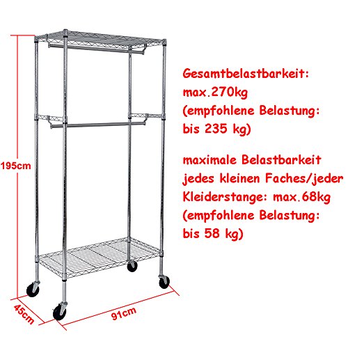 Yorbay Industrie Kleiderschrank 270kg rollbar mit Kleiderstange und Einlegeboden (2*Kleiderstange+1*Einlegeboden ohne Bezug) - 3