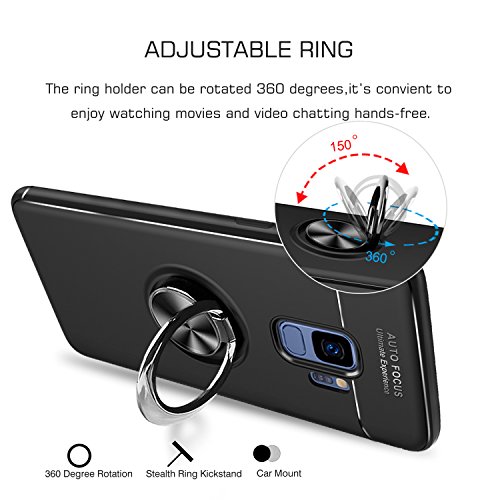 HandyhÃ¼lle Samsung Galaxy S9 HÃ¼lle mit HD- Schutzfolie,LeYi Neu Original Handy HÃ¼lle S9 HÃ¼lle Case mit Metall 360 Rotation Verstellbarer Ring Grip Stand Halter StÃ¤nder Personalized Design Kompatibel mit Magnetischer Autohalterung,UltradÃ¼nnen Ultra Slim Fit StoÃŸdÃ¤mpfung Anti-Scratch Silikon StoÃŸfÃ¤nger Bumper Anti-Fingerprint Soft Flexible TPU Smartphone SchutzhÃ¼lle fÃ¼r Samsung Galaxy s9 HandyhÃ¼lle Handycover Men JSZH-TPU Black