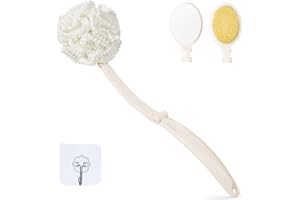 Topfinder Fleur de Douche avec Manche, Applicateur Creme Dos, Brosse Dos Eponge de Bain (Blanc)