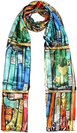 Luxury 100% Italian Silk Scarf - Colourful Bookcase in a Gift Box (Green)